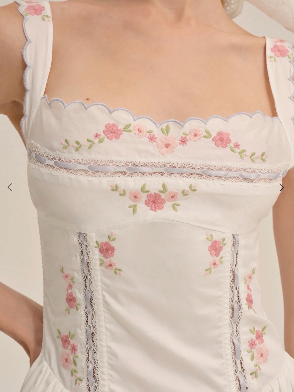 For Love & Lemons Tea Time White Midi Dress with Pink Floral Embroidery - Picture 2 of 15